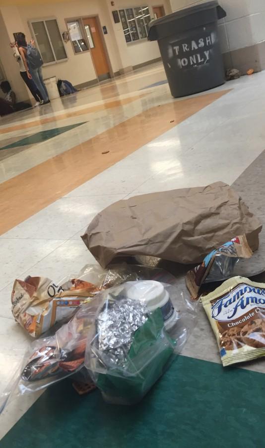 Students often leave trash after lunch for the building services crew to clean up.