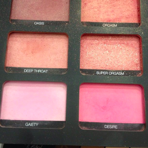 Makeup brand NARS gives suggestive titles to different shades of a blush palette.