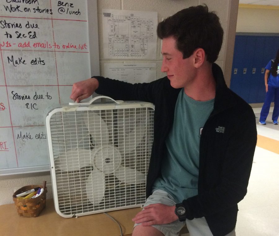 Freshman+Ian+Rosenthal+uses+a+fan+to+cool+himself+off+during+the+school+day+as+a+substitute+for+air+conditioning.