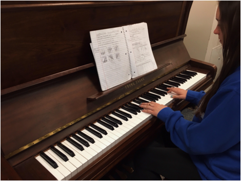Freshman Danielle Menkart practices the piano. Recent studies have linked the use of music while learning math skills to an improvement in basic math proficiency.