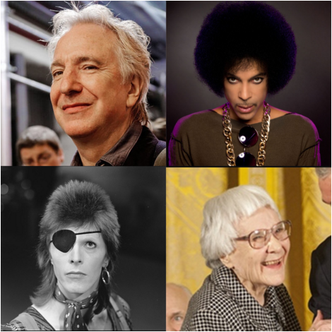 Clockwise from top left, David Bowie, Alan Rickman, Prince and Harper Lee.