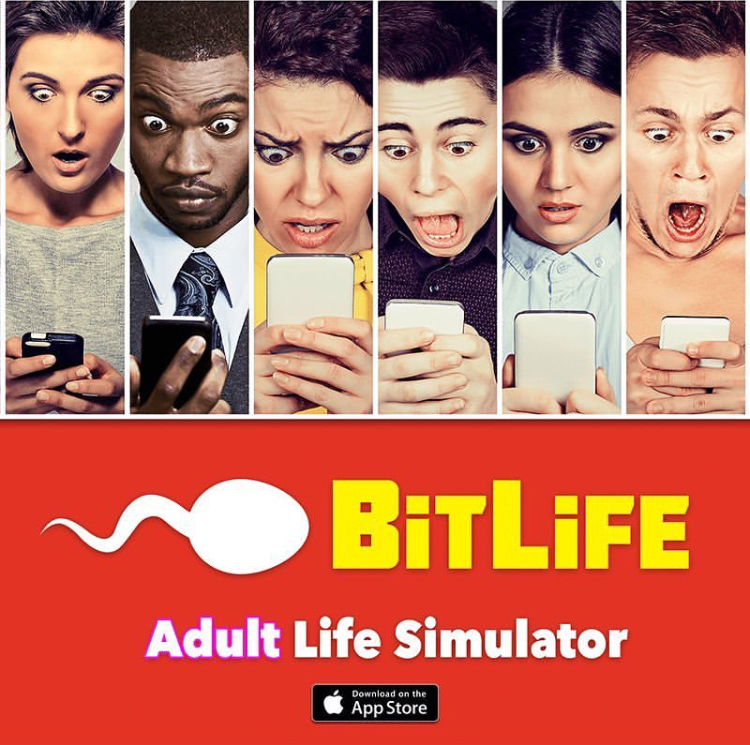 The advertisement for the wildly popular game BItlife shows suprised faces of people playing the game.