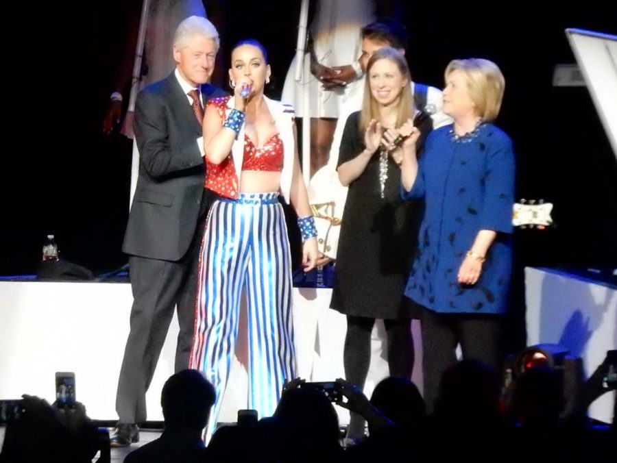 Katy+Perry+%282nd+from+left%29+speaking+at+a+Hillary+Clinton+rally.+The+singer%2Fsongwriter+hinted+at+a+presidential+run+in+2020+on+Instagram+in+2018+in+a+picture+with+Bill+Clinton+and+George+W.+Bush.