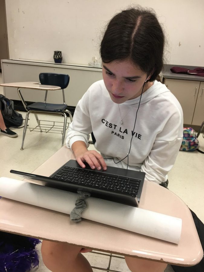Freshman Aliki Dimitoglou works on the chromebook. Taking Health online is one of the three choices that tenth graders have to complete their mandatory credit. 