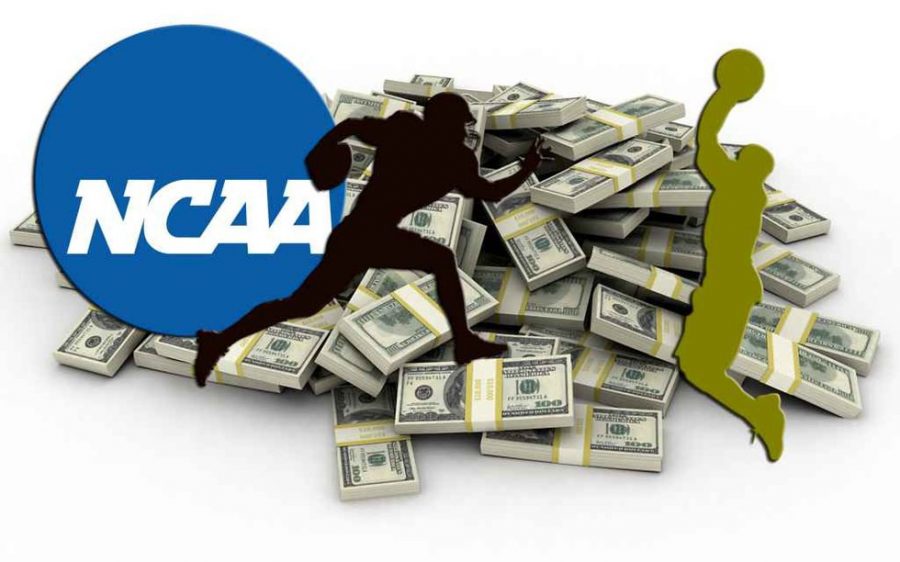 The NCAA logo with clip art of a football player and a baksteball player with money in the background to show how the NCAA has a corrupt policy robbing many athletes of their money that they should be entitled to.