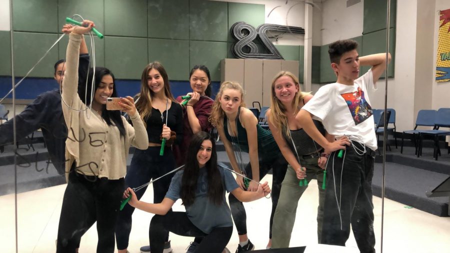 The cast of WCHSs fall musical, Legally Blonde, is working hard at their roles during an after school practice. This group of students are practicing for a scene in the show with jump ropes as props. 