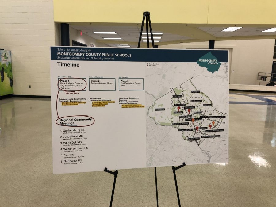 At the meeting, there were seven posters that explained different facts about MCPS districts and the timeline that was going to be followed. This poster explained the different phases as well as showed the other future meetings for audience members to see. 