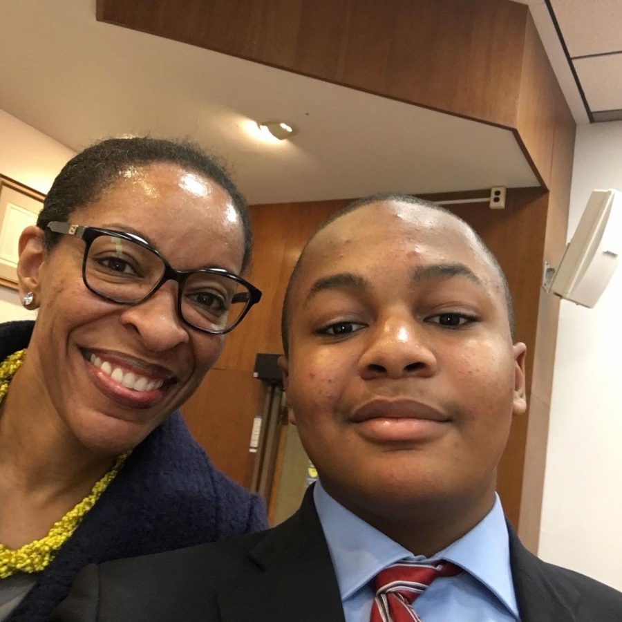 Cabin John Middle School President, Sekayi Fraser, poses with the Montgomery County Board President when he testified for the use of 2 ply toilet paper to the Board of Education.