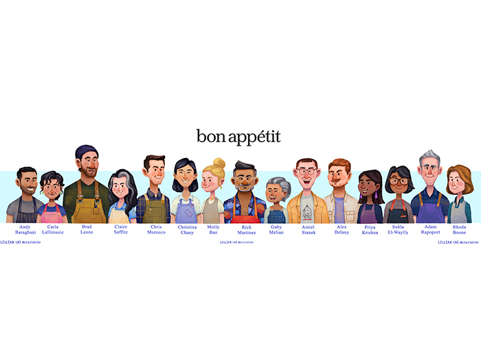 A fanart drawing lays out all of the members of the Bon Appétit test kitchen staff. This mix of personalities and editors appear in and produce the videos that the Bon Appétit Youtube channel features. 