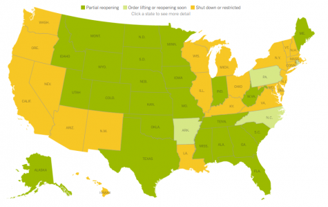 While Maryland is among the states that are still shut-down or have restrictions (gold on the map), other states like Georgia, Iowa and Montana have at least a partial reopening (dark green). Orders are lifting soon in Pennsylvania and North Carolina (pale green), even though no U. S. state has had their cases decrease for 14 days, something President Trump's plan recommended before Governors should reopen their states.