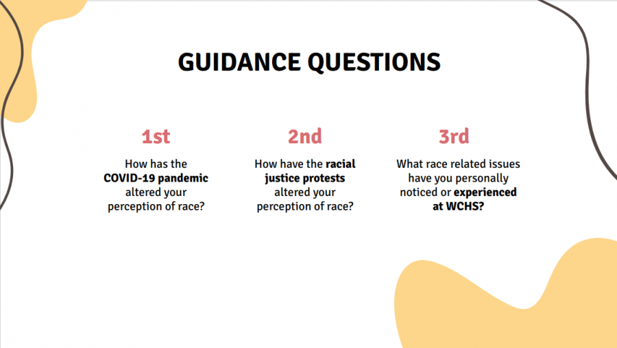 The three guidance questions that students discussed during the first day of the virtual study circle. The questions allowed students the opportunity to discuss current events, including COVID-19 and the protests about race in America.