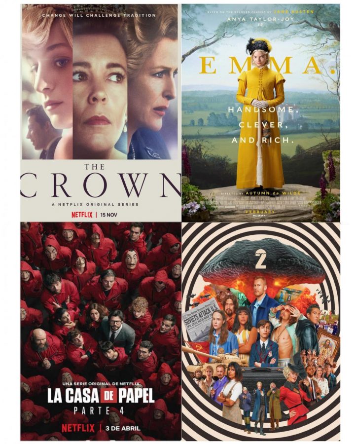 The Crown, Emma, Money Heist and Umbrella Academy are four popular shows and movies that were released in 2020. 