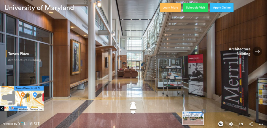 YouVisit offers students the ability to virtually tour campuses and buildings of colleges they want, like the local University of Maryland College Park.