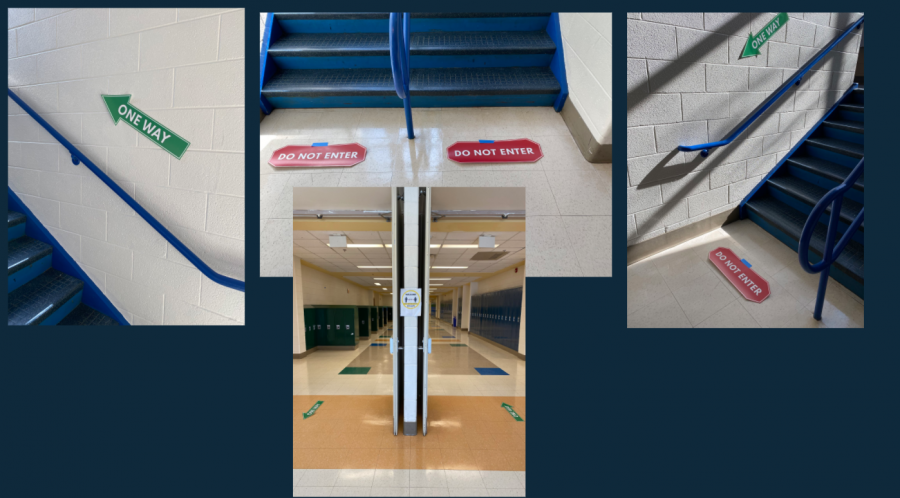 The hallways and stairwells of WCHS have been marked with arrows to guide students and staff in the safest manner possible when reopening begins.