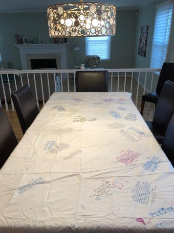 Junior Danielle Faerberg’s family celebrates every Thanksgiving by writing down what they are thankful for on a tablecloth. This tradition started about 15 years ago, and they have used the same tablecloth ever since. 