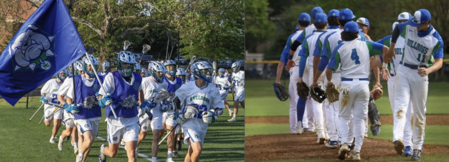The+boys+lacrosse+team+%28left%29+and+boys+baseball+team+%28right%29+both+come+out+to+warm+up+for+games+during+the+2021+season.+Both+teams+look+to+continue+their+success+from+last+year+with+state+championship+wins+in+2022.++