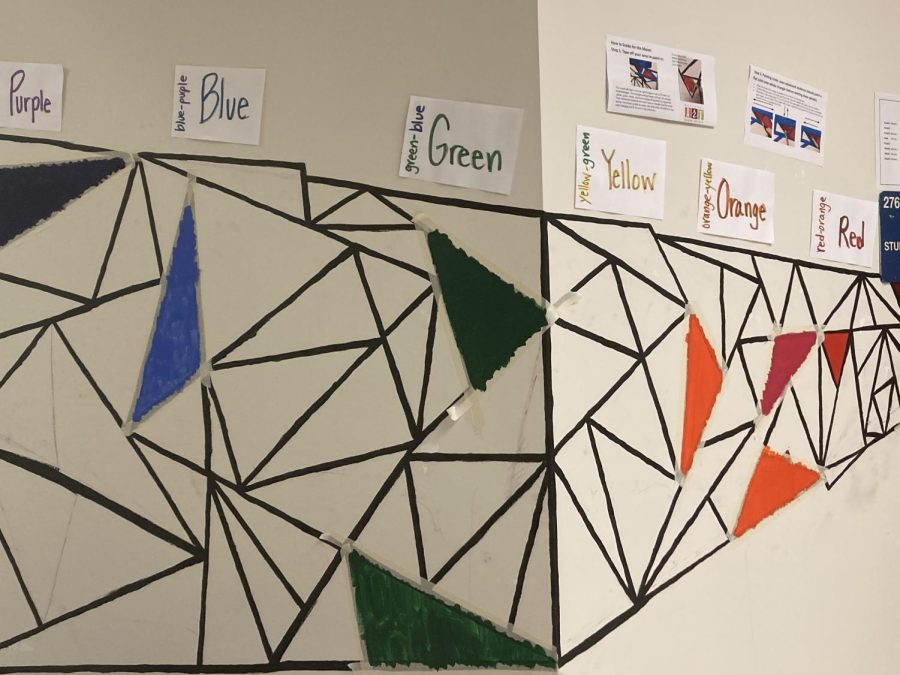 A wide-angle shot of the WCHS chapter of the National Art Honor Societys mural outside of room 276 on Feb. 3. Students in the honor society are working on the mural, which consists of triangles growing larger as they move away from the door.