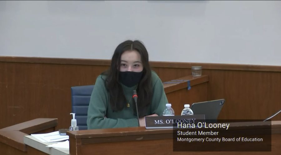 Student+Member+of+the+Board+Hana+O%E2%80%99looney+at+the+Feb.+24+Board+of+Education+meeting.+At+the+meeting%2C+O%E2%80%99looney+advocated+to+keep+the+mask+mandate+in+schools+which+caused+her+to+face+lots+of+negativity+online.
