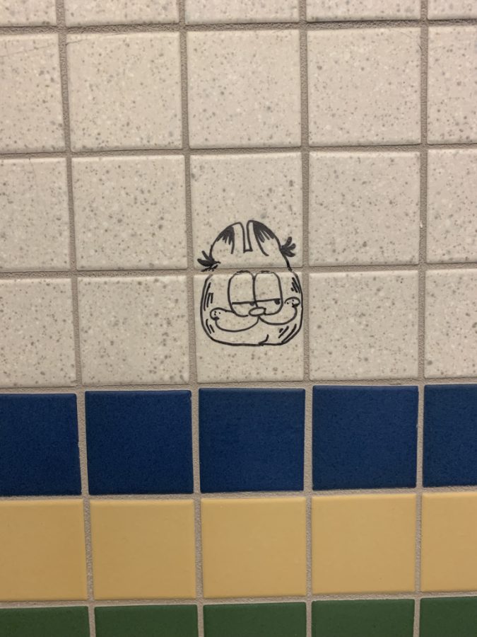 The Garfield drawing in the second floor main bathroom near the history hallways is a fan favorite and a frequently visited art piece. 