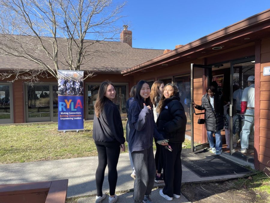 WCHS Interact Club members Rosa Saavedra, Angelica Hu, and Lindsey Zamudio (left to right) get ready to enter the main hall at the 2023 RYLA conference. Over Presidents Day weekend, the juniors are super excited to participate in fun activities and learn about how to develop leadership skills and build connections.