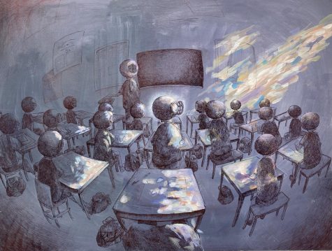 This is one of Ida Chens portfolio pieces made of acrylic paint and ballpoint pen. It is about the curiosity of students shining through the mundane aspects of schooling. 