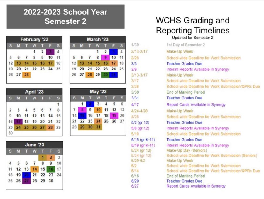 The new WCHS assignment schedule           1. WCHS website                         sets strict deadlines for students. Students 
                          have mixed emotions about the changes 
that were enacted on  February 28, 2023. 