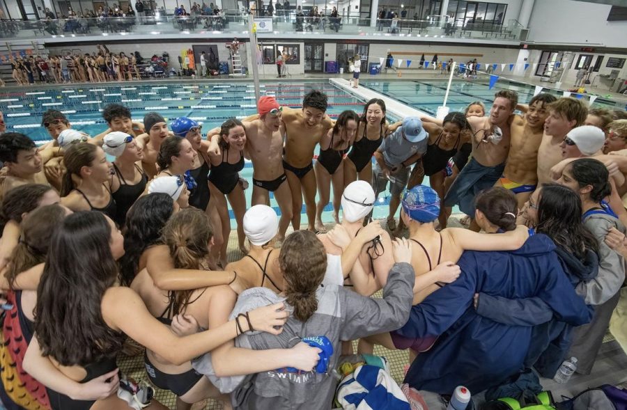 The+WCHS+swim+and+dive+team+celebrates+after+their+first+meeting+against+Blair.+The+team+would+eventually+go+on+to+dominate+the+competition.