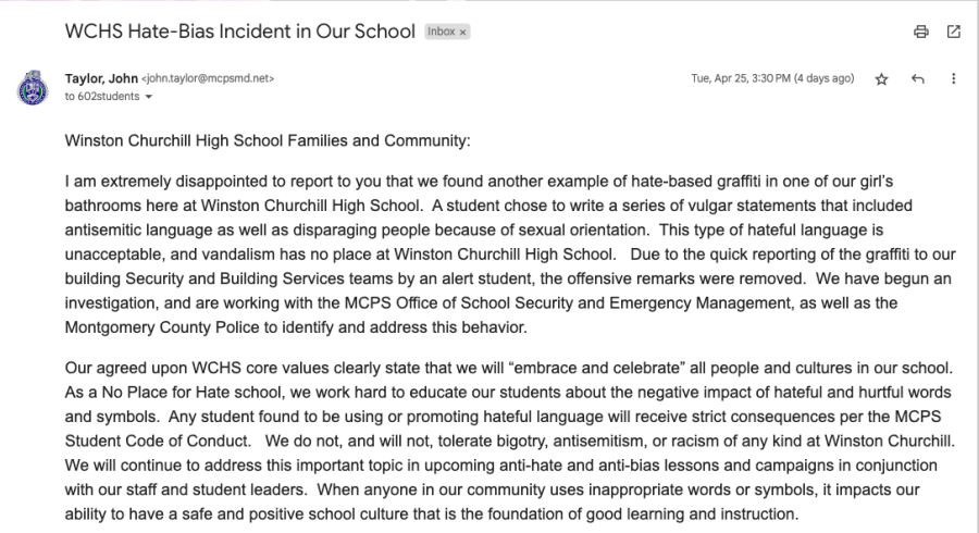 On April 25, 2023 Principal John Taylor sent out an email about the graffiti found in the WCHS bathroom. This event resulted in a restorative justice lesson during pride the next day. 