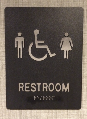 A gender-neutral bathroom sign is posted in order to allow people who dont identify specifically as male or female.