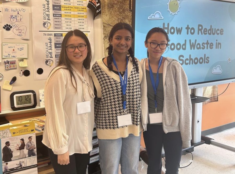 MCPS students Emily Liu, Shrusti Amula, and Sophie Nguyen present about reducing food waste during the MCPS Youth Climate Summit, another recent climate initiative. 
