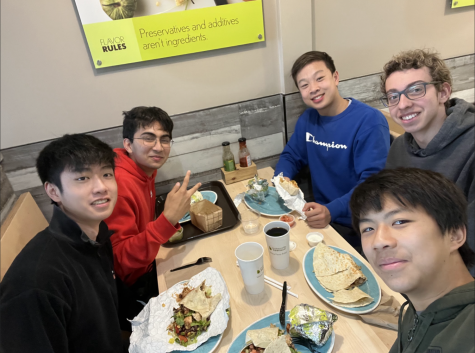 From left: WCHS juniors Alexander Wei, Soham Jinsi, Eric Zhou, Justin Zacharia and Garion Cheng eat at California Tortilla after their AP Chinese exam abruptly crashes on May 3.