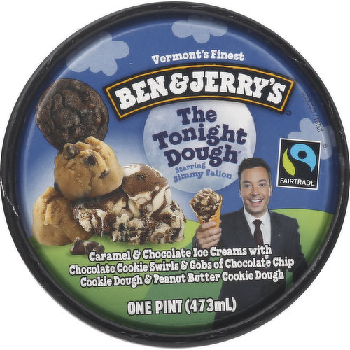 The Ben & Jerrys ice cream container features Jimmy Kimmel. The ice cream is made of caramel and chocolate ice creams with chocolate cookie swirls, and chunks of chocolate chip cookie dough and peanut butter cookie dough.