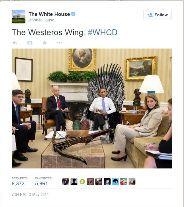 This Tweet, which references two popular shows, Game of Thrones and The West Wing, is an example of the humor the Obama administration uses.
