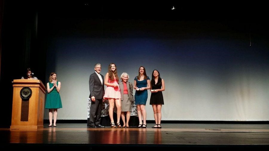 Superintendent+Bowers+presents+seniors+Natalie+Hwang%2C+Anna+Votaw+and+Valerie+Weitz+with+awards+for+theater+excellence