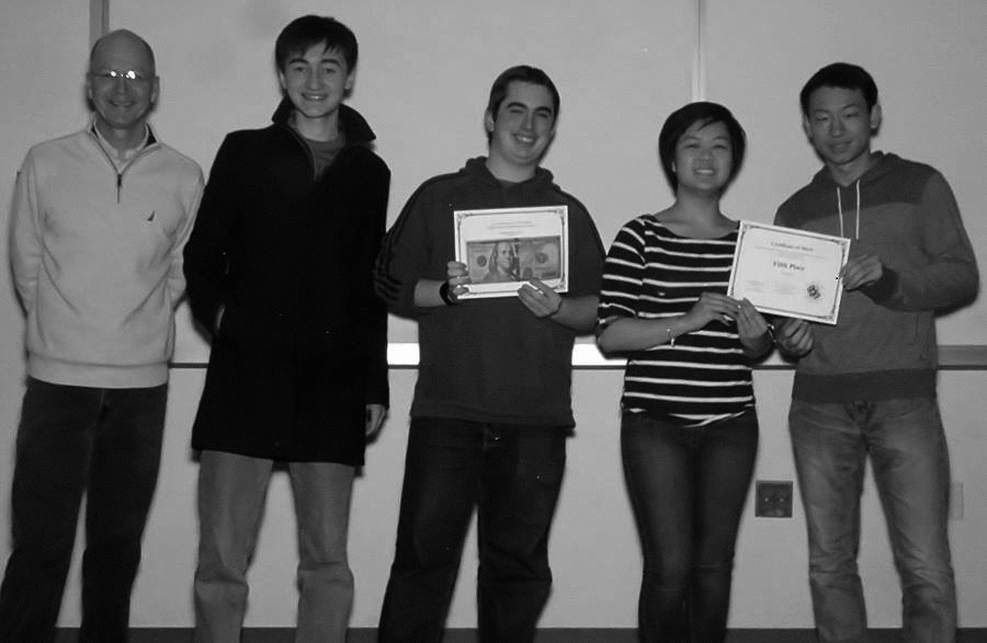 Junior+Joseph+Primmer+and+seniors+Ben+Eisner%2C+Dorothy+Hu+and+Brandon+Lieuw+pose+their+certificate+and+cash+prize