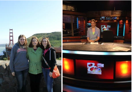 Alum Elizabeth Campbell when she was a CHS student. Pictured at a news station, during mulch sales at CHS and on a San Francisco journalism trip.