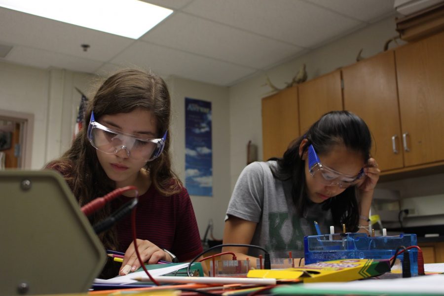 Junior+Julie+Cooper+and+senior+Sarah+Morgan+work+on+gel+electrophoresis+lab+in+Molecular+Genetics.