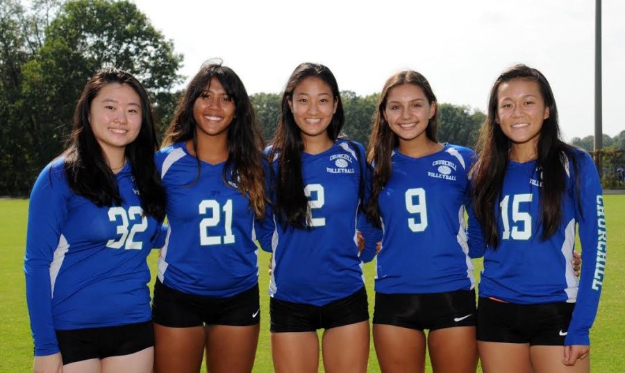 From left to right, seniors Marella Ma, Molly Stark, Emma Jin, Nina Gautam and Allison Lu. The Bulldogs won their senior game and finished the regular season 18-1.