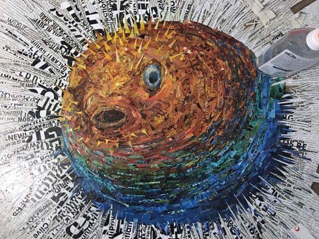 Junior Jiyou Kang often uses different mediums to create his art. Above is a collage he is currently working on.