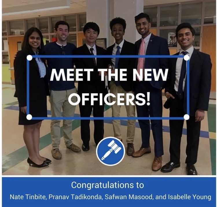 Newly elected officers Nate Tinbite, Safwan Masood, Pranav Tadikonda and SMOB elect Ananya Tadikonda  pose with past officers Michael Yin and former SMOB Matt Post.