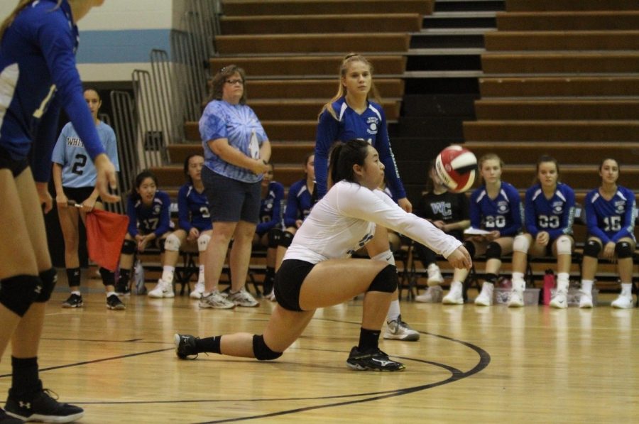 Junior Ashley Chen receives the ball and sets up a teammate for a spike. 