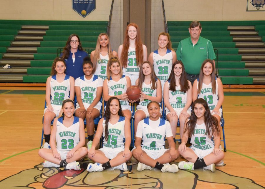 The WCHS varsity girls basketball team takes a photo with their two coaches. The team is led by co-captains senior Kamryn Testa and junior Brittani Martin.