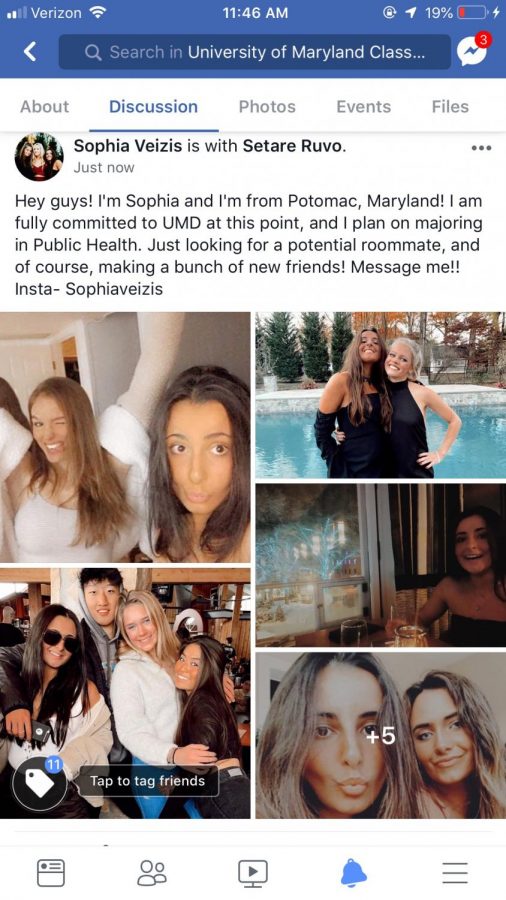 Senior Sophia Vezis posts a collection of photos and a short bio in the University of Maryland 2023 Facebook group in order to find a roommate. 