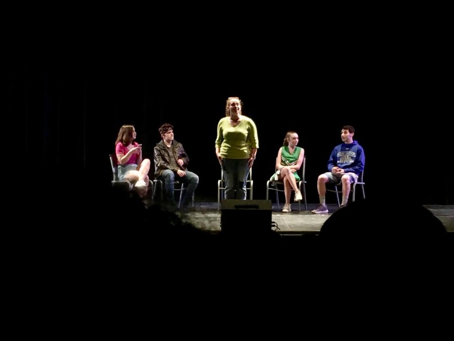 The One Act, Bullies Anonymous, featured a group of stereotypical bullies. From Left, Anonymous User (Eleanor Raab), Zed (Nicky Sremac-Saari), Guidance Counselor Jane (Kate Goldberg), Kimmy (Avery Harner), Kevin (Josh Jacobson). 