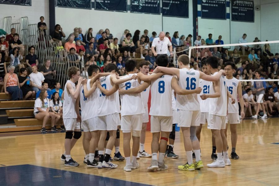 The boys volleyball team at county finals on May 15, 2018 against Walter Johnson. WCHS lost 3-1 last year but hope to defeat them in the championship this year.