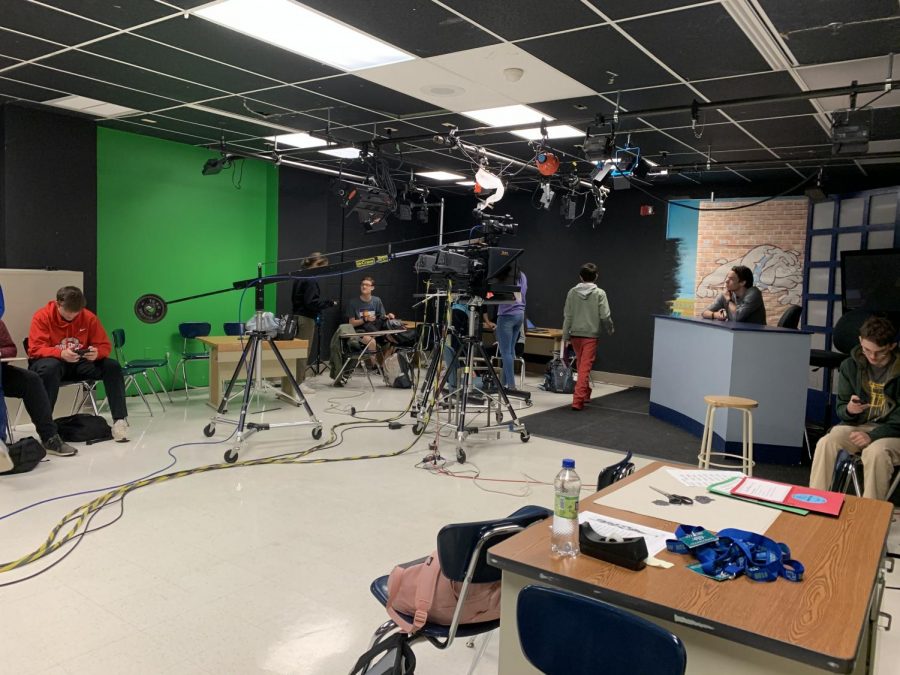 
The students behind Bulldog TV work in the studio in room 261. This year, there has been an increased focus on student creativity, prompting a once a week broadcast and longer student produced segments. 