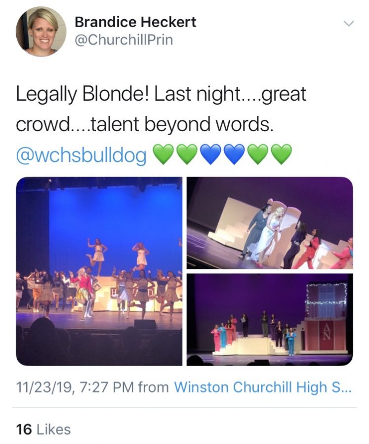Ms. Heckert tweets three photos of the WCHS play: Legally Blonde. Heckert uses Twitter as a way to share photos of achievements.