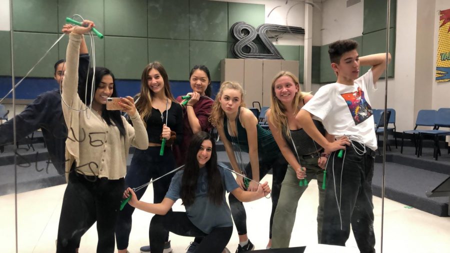 The cast of WCHS's fall musical, "Legally Blonde", is working hard at their roles during an after school practice. This group of students are practicing for a scene in the show with jump ropes as props.