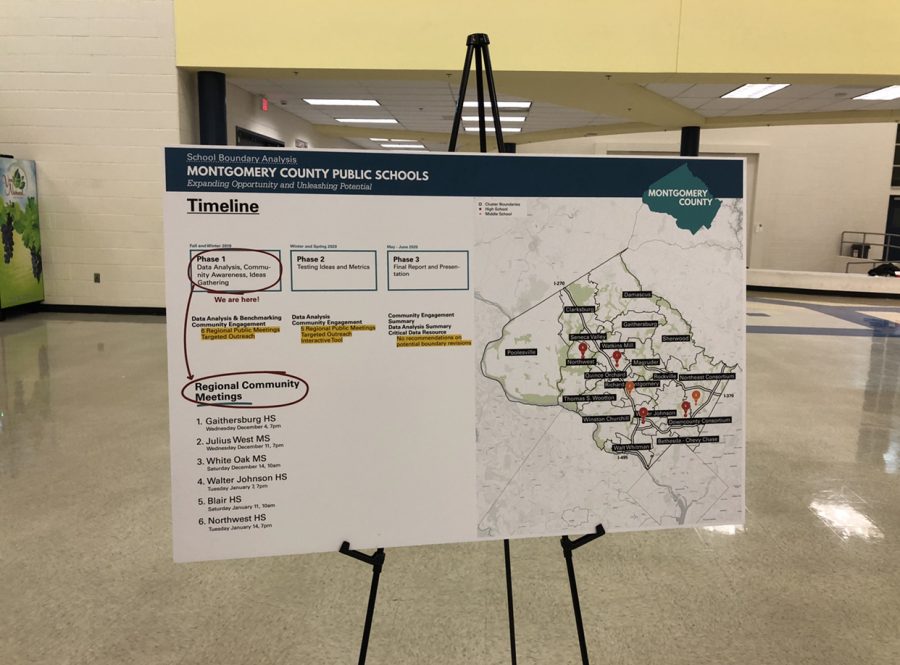 At the meeting, there were seven posters that explained different facts about MCPS districts and the timeline that was going to be followed. This poster explained the different phases as well as showed the other future meetings for audience members. 