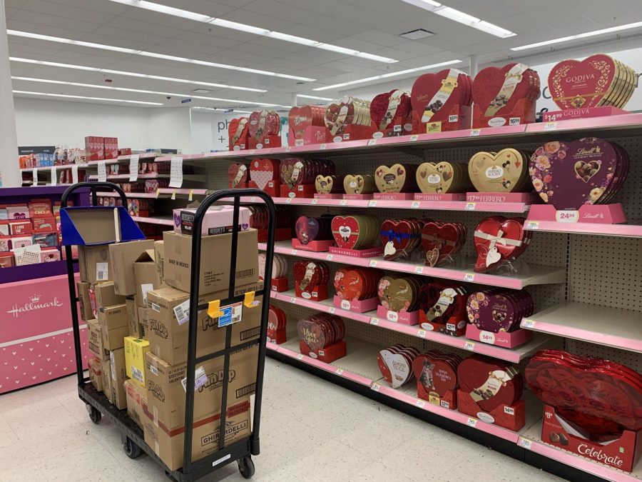 The+Walgreens+in+Potomac+Woods+Plaza+has+begun+stocking+the+iconic+chocolate+heart+boxes+of+Valentines+Day.+Most+of+this+chocolate+will+not+be+bought+or+eaten%2C+and+as+displayed+by+the+pile+of+boxes+on+the+cart%2C+creates+waste.+The+quantity+of+candy+available+in+early+January+also+prompts+thought+on+the+fossil+fuels+necessary+to+make+all+of+these+products+and+transport+all+of+them+to+thousands+of+stores+throughout+the+country.